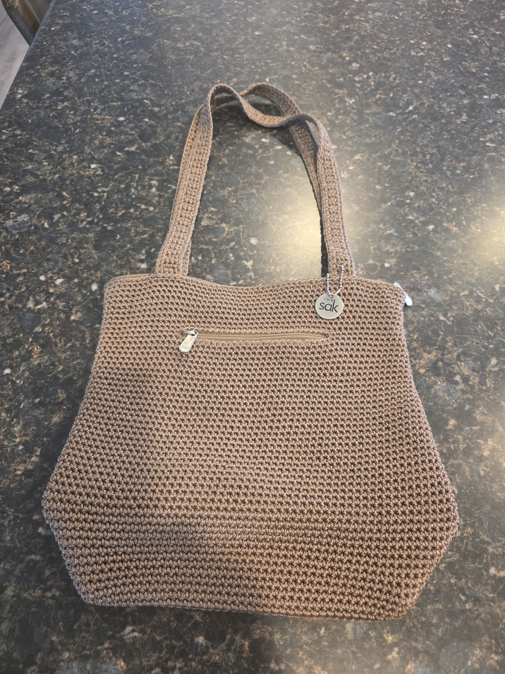 The Sak Brown Crochet Tote with Front Zip Pocket